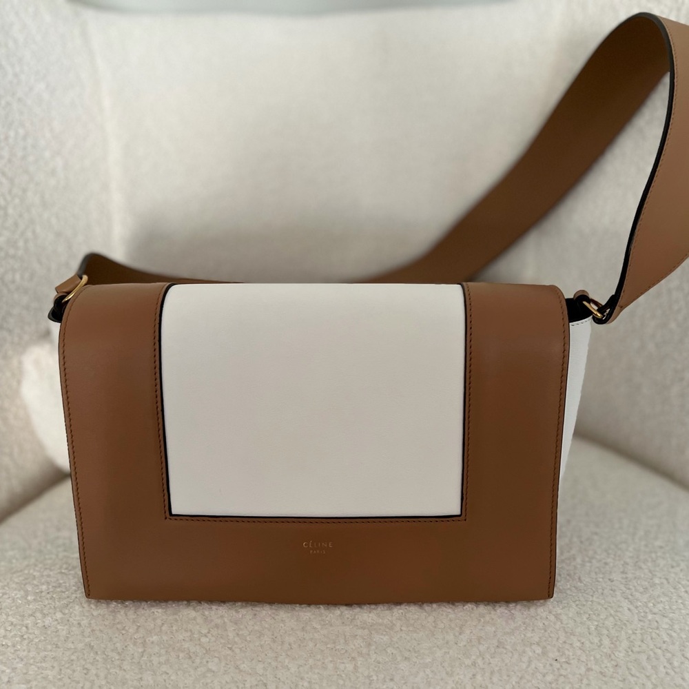 Authentic Celine Frame Medium Shoulder Bag Tan & White Excellent Condition